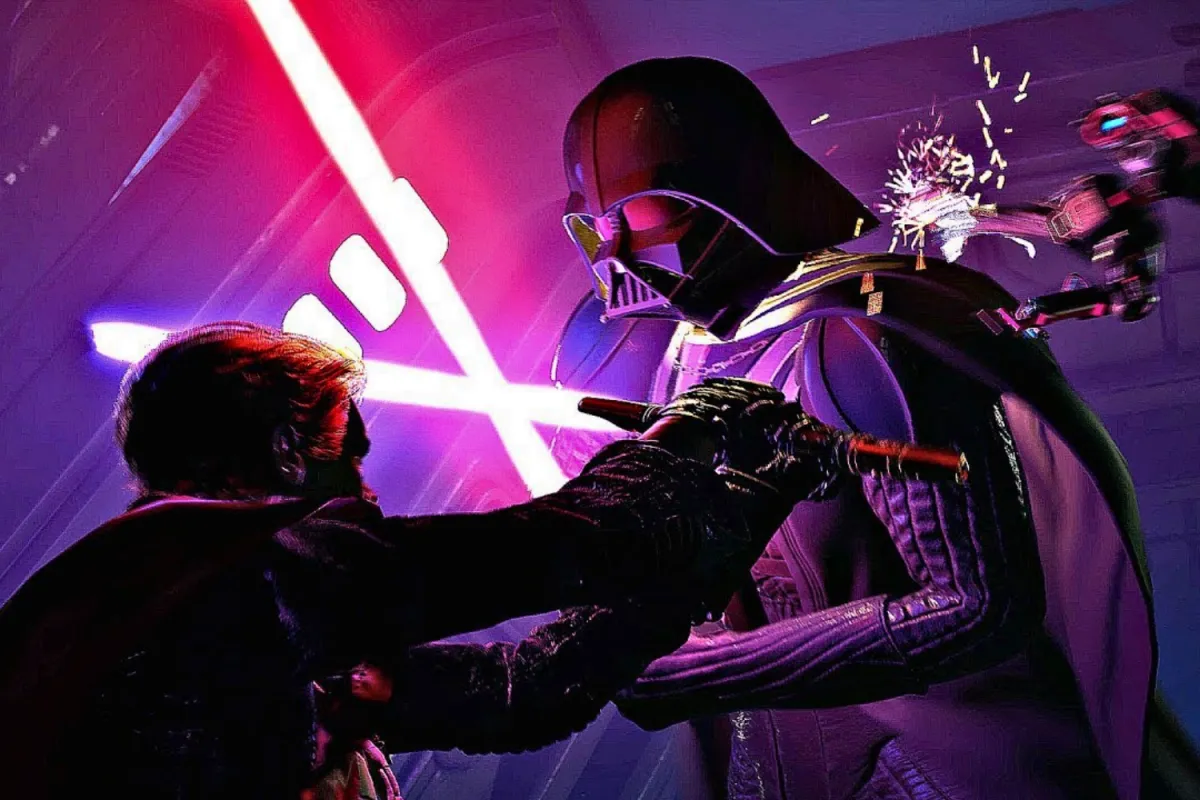 Cal Kestis clashes lightsabers with Darth Vader in a high-stakes duel from Star Wars Jedi: Fallen Order.