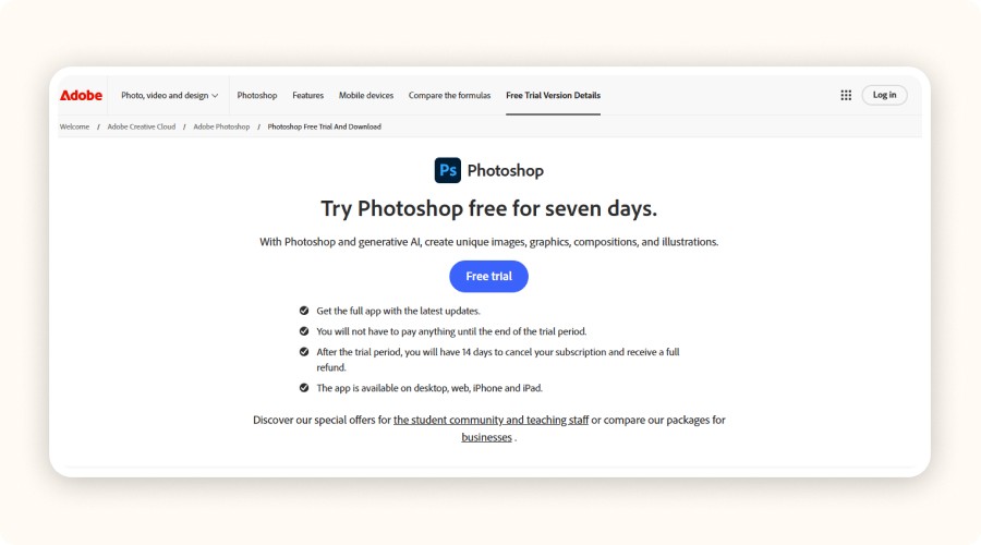 Adobe Photoshop download page