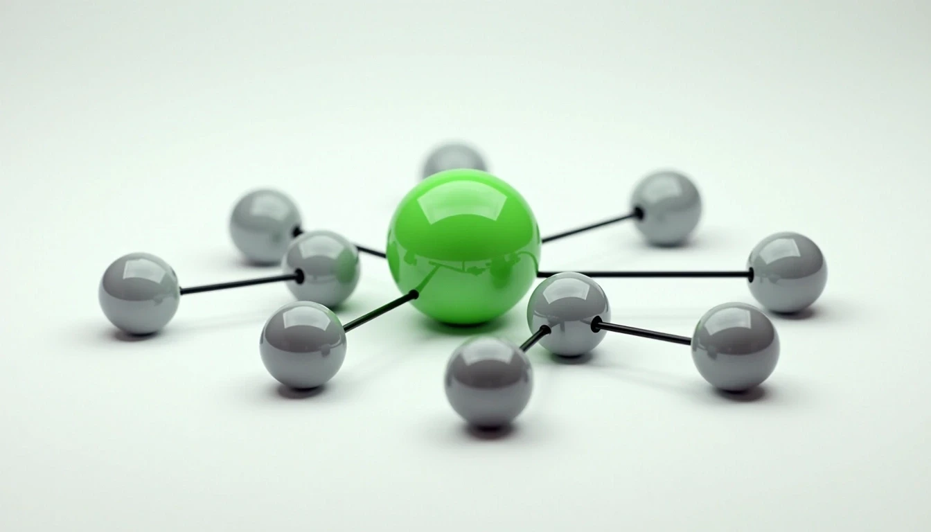 Spheres connected from a central green sphere (represents the idea of a network)