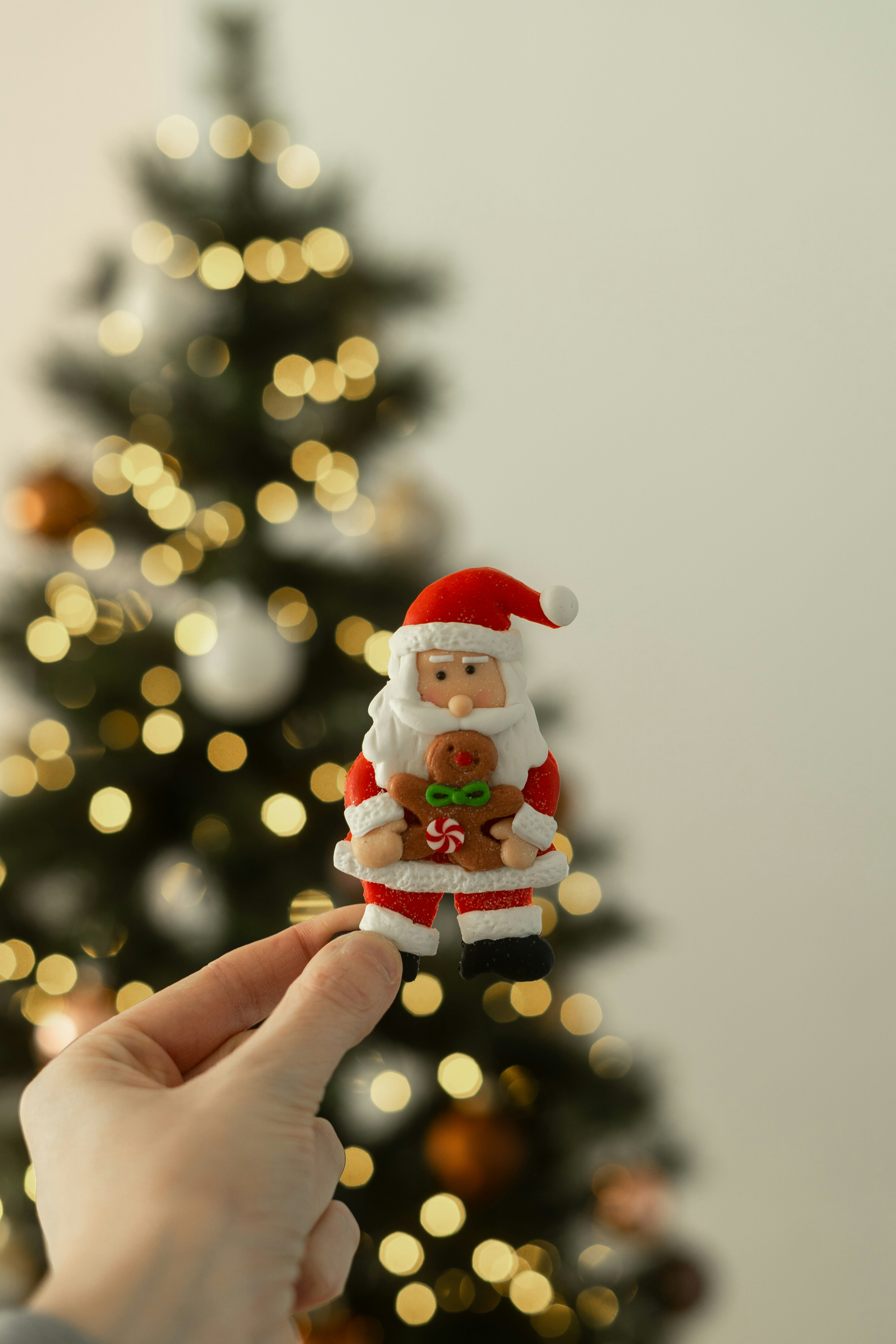 Hand holding santa claus ornament with gingerbread man.