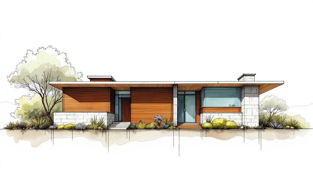 Architectural illustration of a modern single-story house with wood siding, stone accents, and green landscaping.