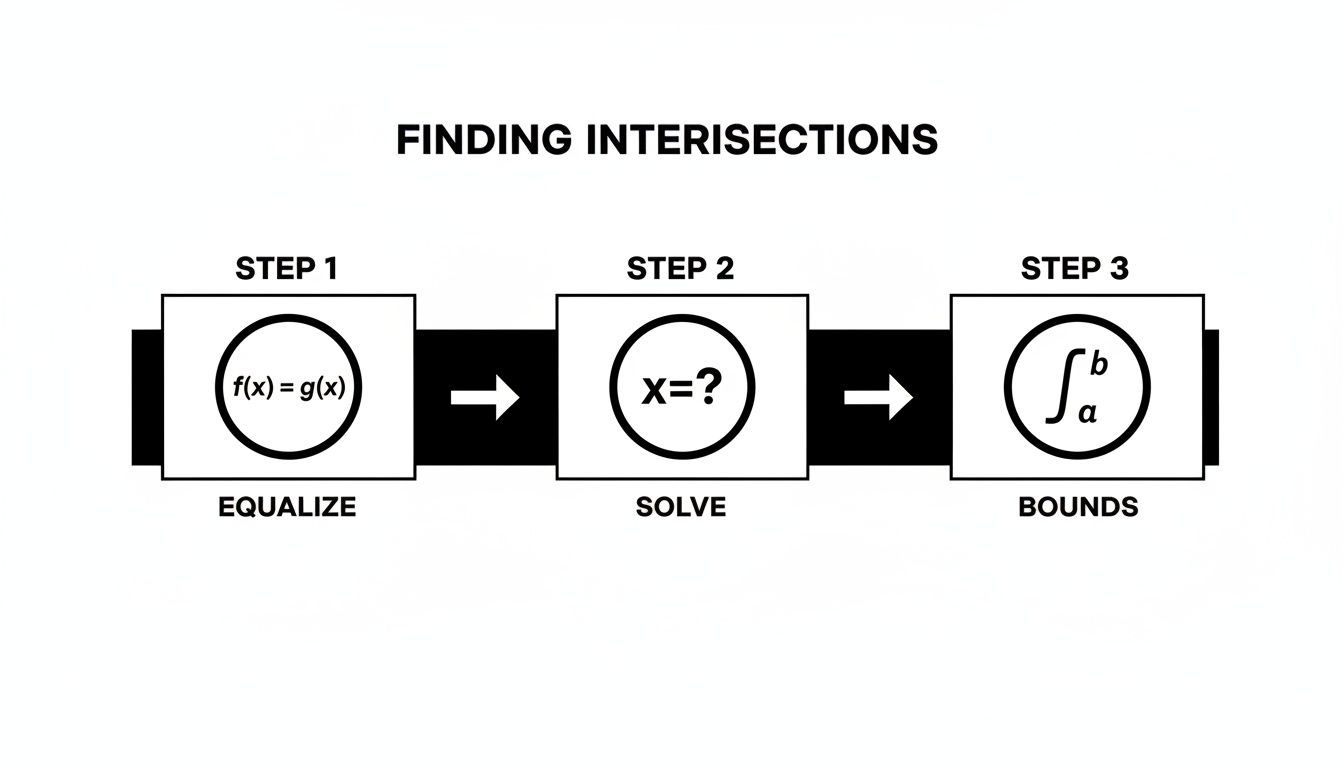 Flowchart illustrating three steps to find intersections: equalize f(x)=g(x), solve for x, and define integral bounds.