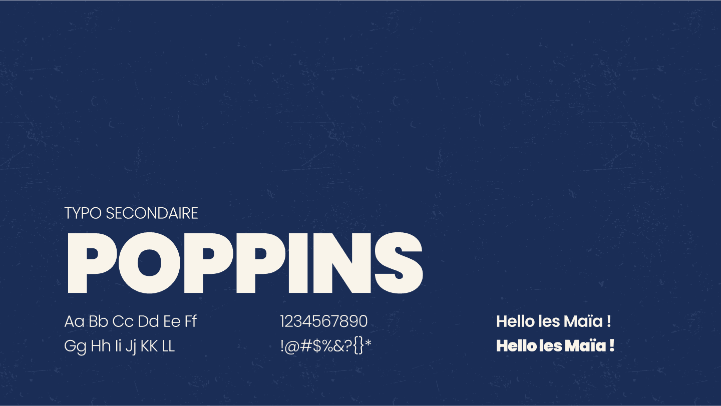 Page de démonstration de la typographie secondaire Poppins, montrant différentes tailles et styles de police sur un fond bleu foncé.