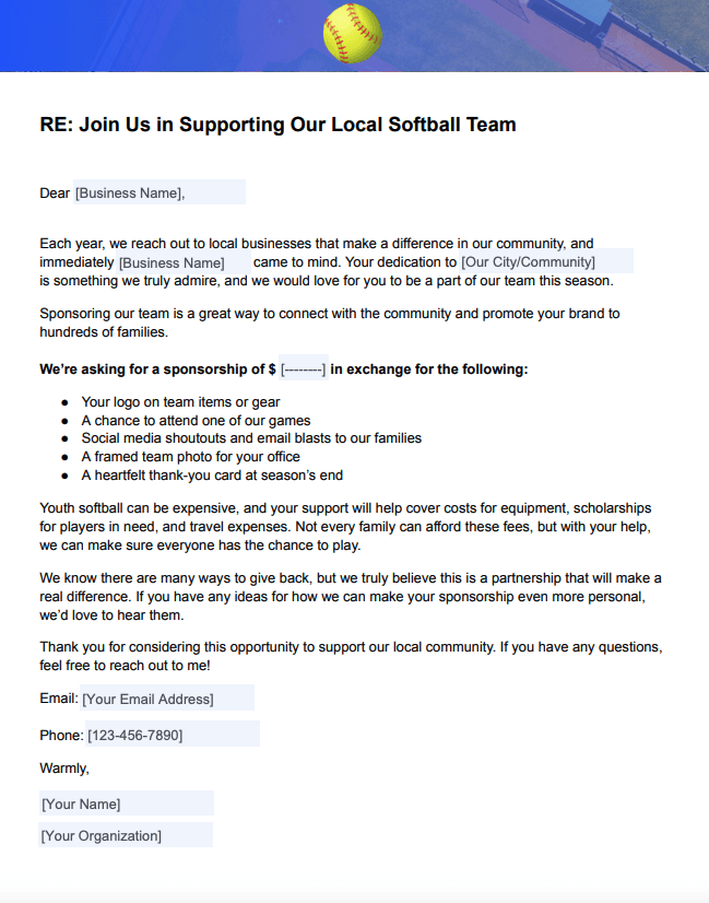 Softball Sponsorship Letter Template