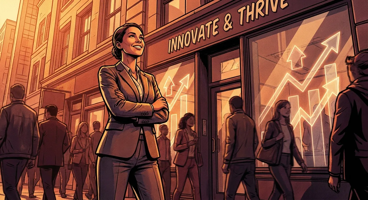 Businesswoman confidently stands outside RockN' Socials Digital Marketing Agency.