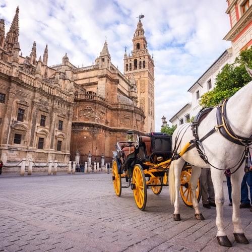 Un carruaje tirado por caballos con ruedas amarillas se encuentra en una calle adoquinada junto a un gran edificio histórico con una alta torre.