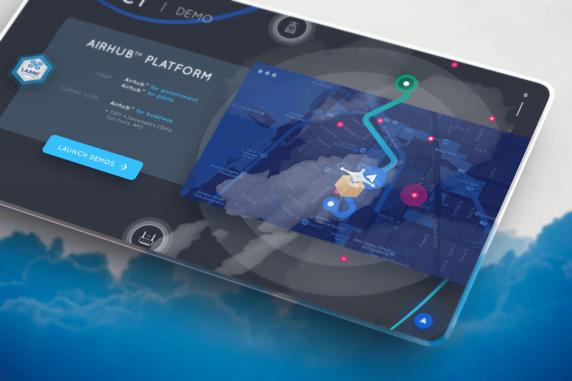 Airspace Link AirHub platform demo interface mockup on tablet showing Brooklyn map with drone flight path navigation, restricted airspace zones marked in pink, delivery drone carrying package illustration, LAANC certification badge, and Launch Demos call-to-action button against cloud background