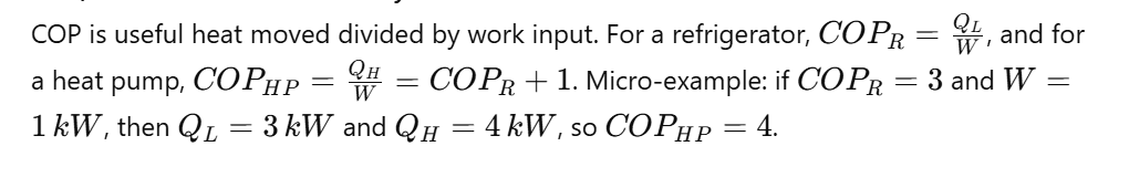 Coefficient of Performance (COP) for refrigerators and heat pumps