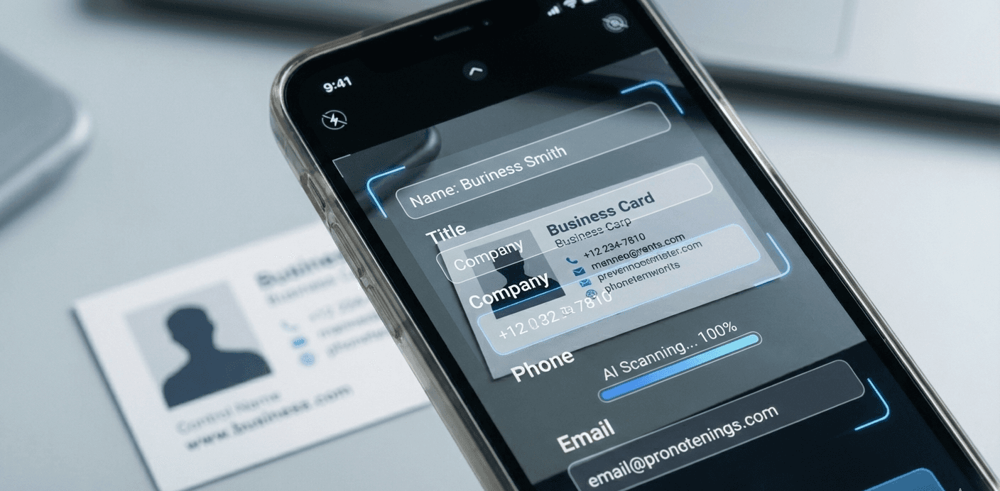 "Automation" part of the story. It shows a smartphone app in the act of scanning a business card, with the AI instantly extracting the contact information. This represents the time-saving benefit of the technology.
