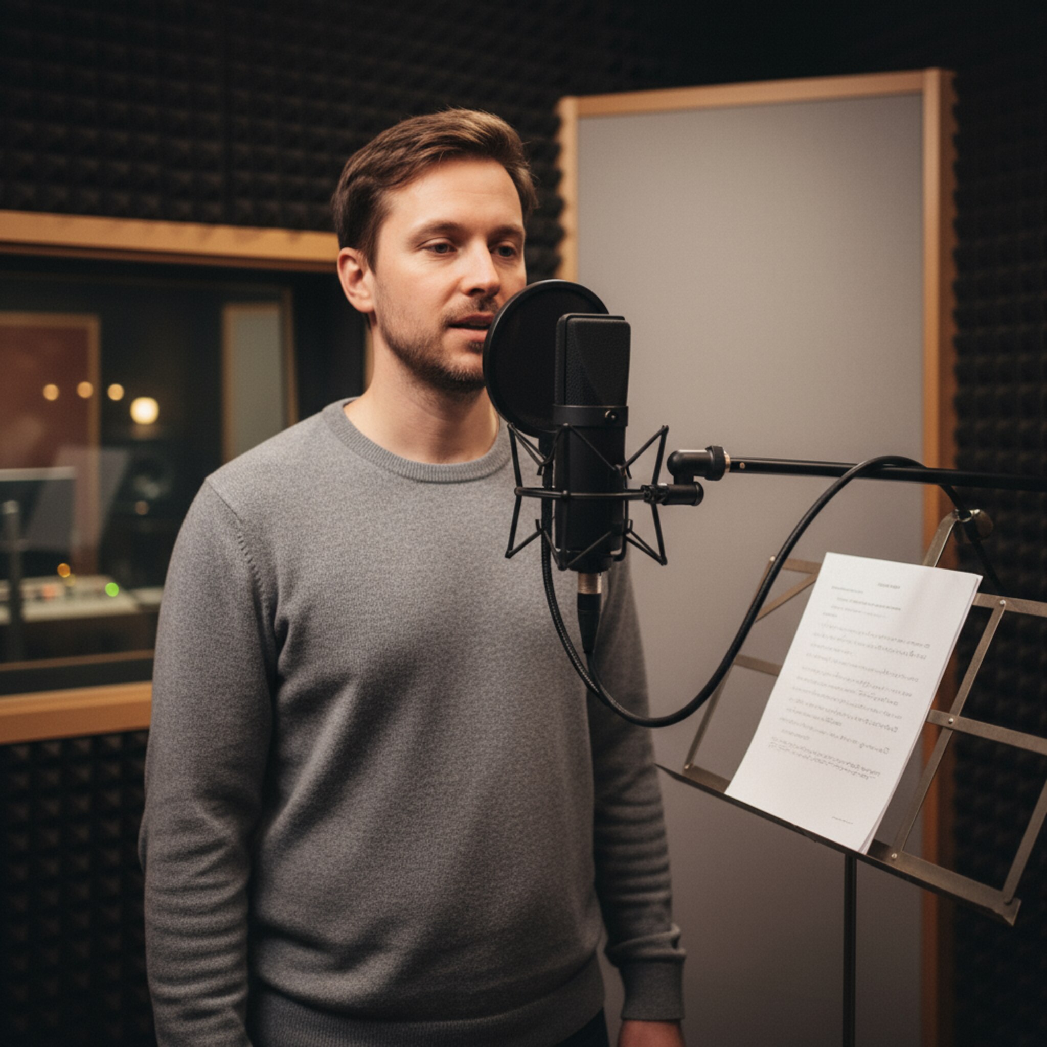 Ein Sprecher steht in der Kabine vor einem Mikrofon, Manuskript auf einem Notenständer. Er lockert die Schultern, formt die ersten Worte, während der Raum trocken und nah klingt. Ein gedämmtes Licht zeichnet klare Konturen. Alles ist auf den perfekten Take ausgerichtet.