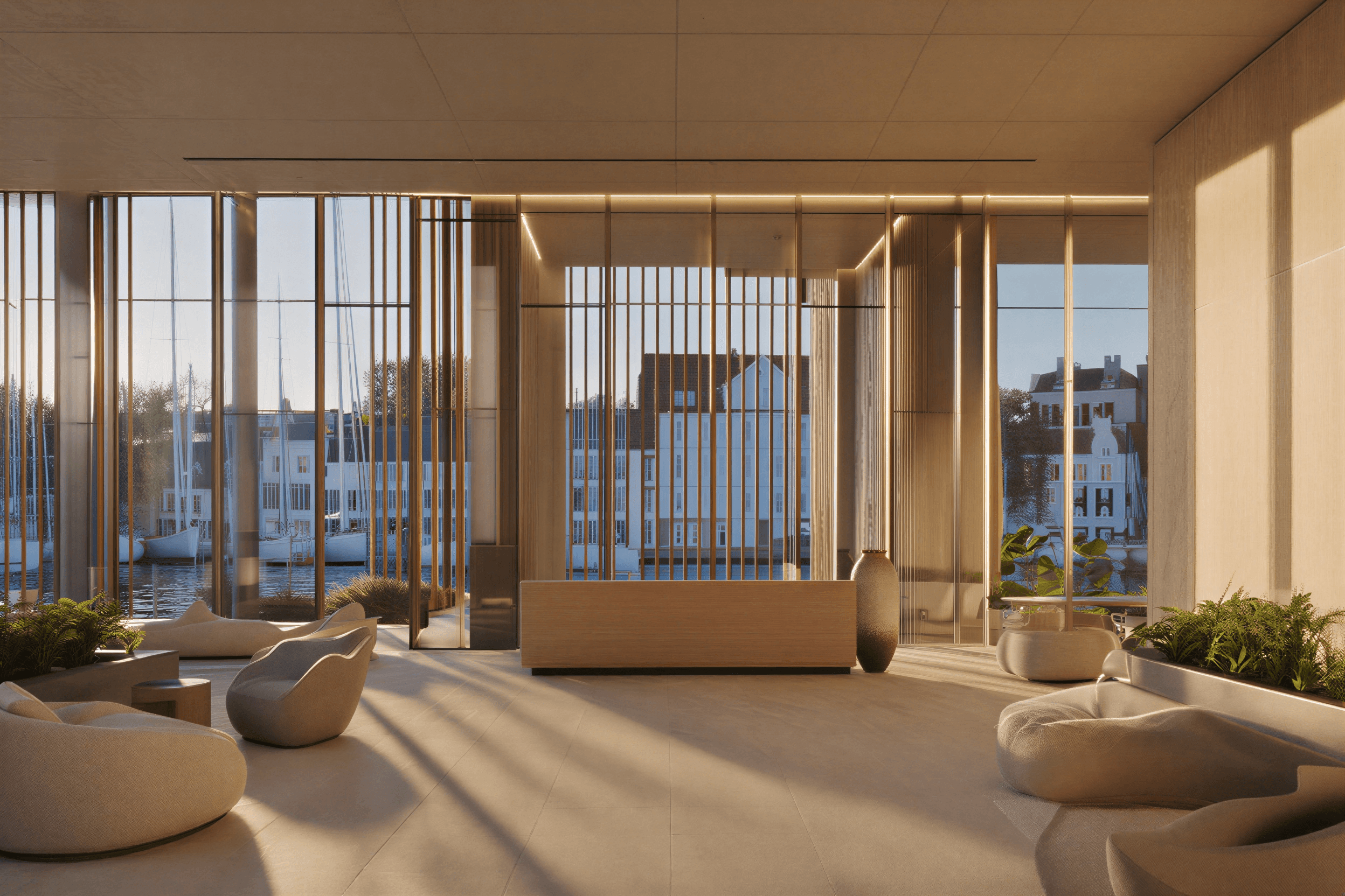 Modern living space with vertical wood details and waterfront views
