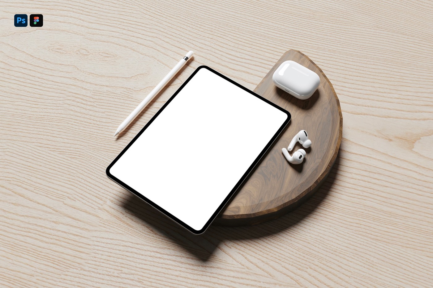 Mockup of an iPad Pro with a beige screen, accompanied by an Apple Pencil and AirPods, resting on a wooden desk. The minimalist setup features natural lighting and modern accessories, ideal for showcasing app designs or digital products.