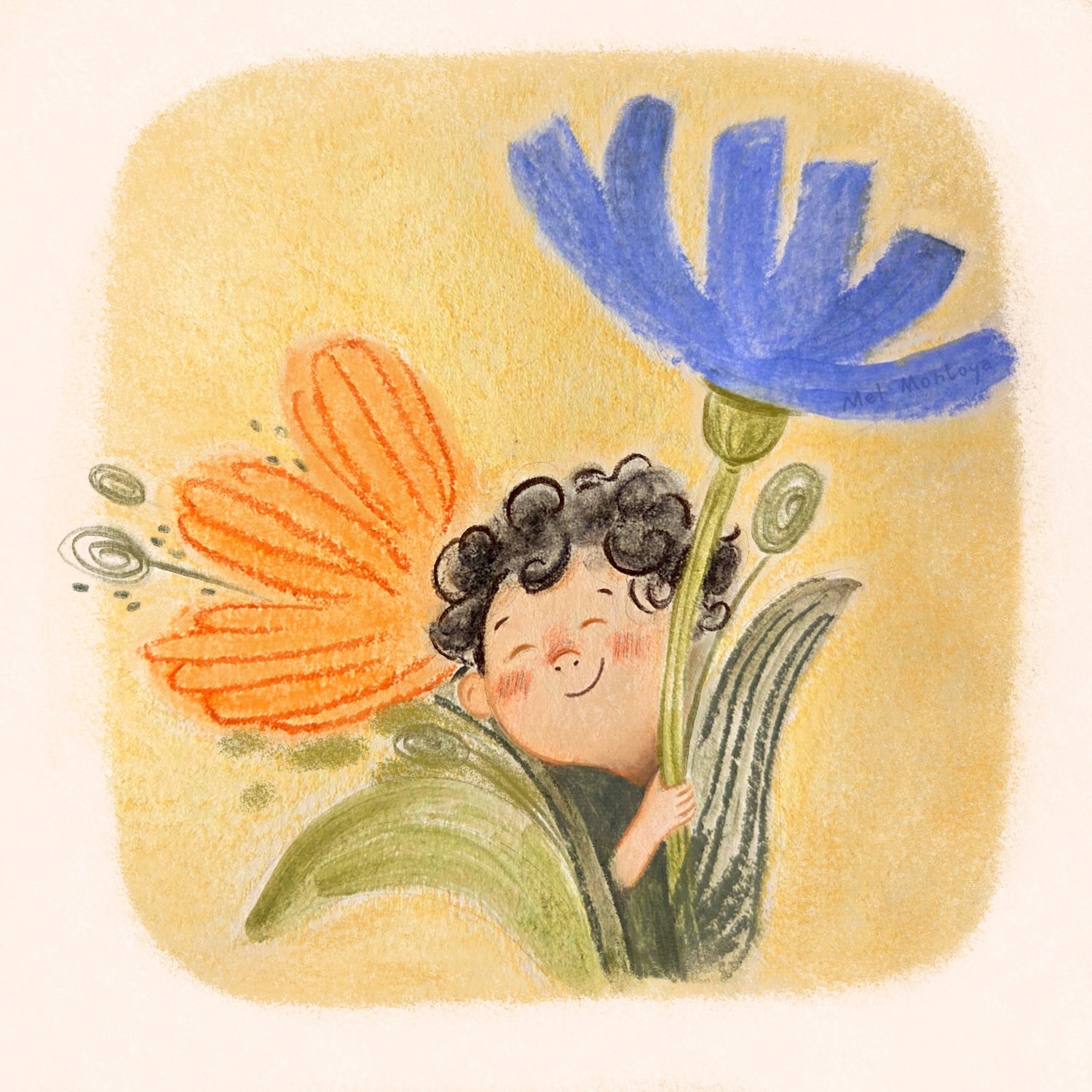 A curly-haired boy emerging between two large orange and blue flowers.