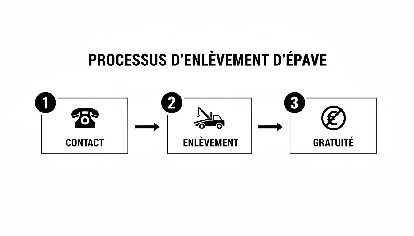 Diagramme illustrant le processus d'enlèvement d'épave en trois étapes simples : contact, enlèvement par dépanneuse, et gratuité.