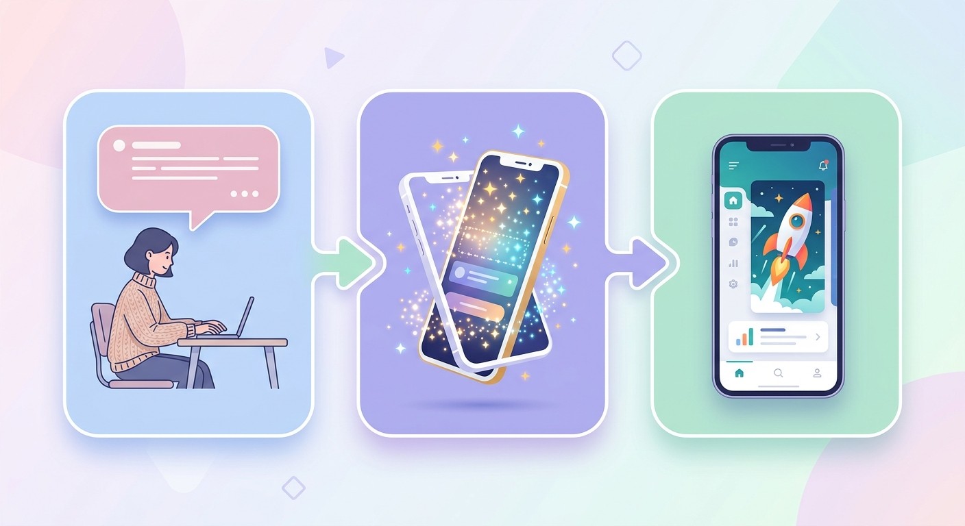 Three connected steps: typing a chat prompt, a phone screen being assembled, and a completed app launching