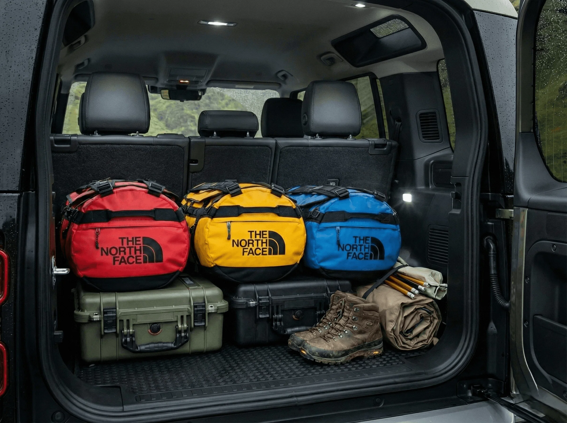Rear view of a Land Rover Defender with the trunk open, packed with colorful duffel bags and hiking boots.