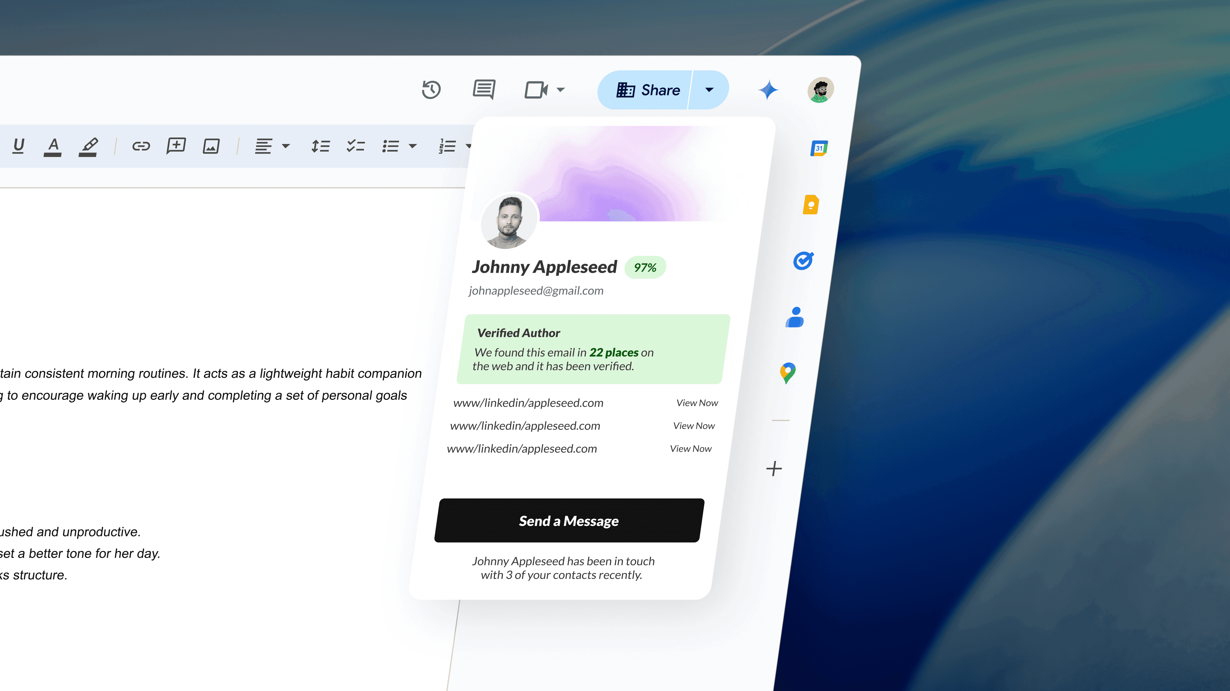 Screenshot of the green pages browser extension with a sidebar profile pop-up displaying contact details for “Johnny Appleseed.” The profile includes a photo, email address, a 97% verification score, and LinkedIn links, confirming Johnny as a verified author with presence on 22 websites. A black “Send a Message” button appears at the bottom.