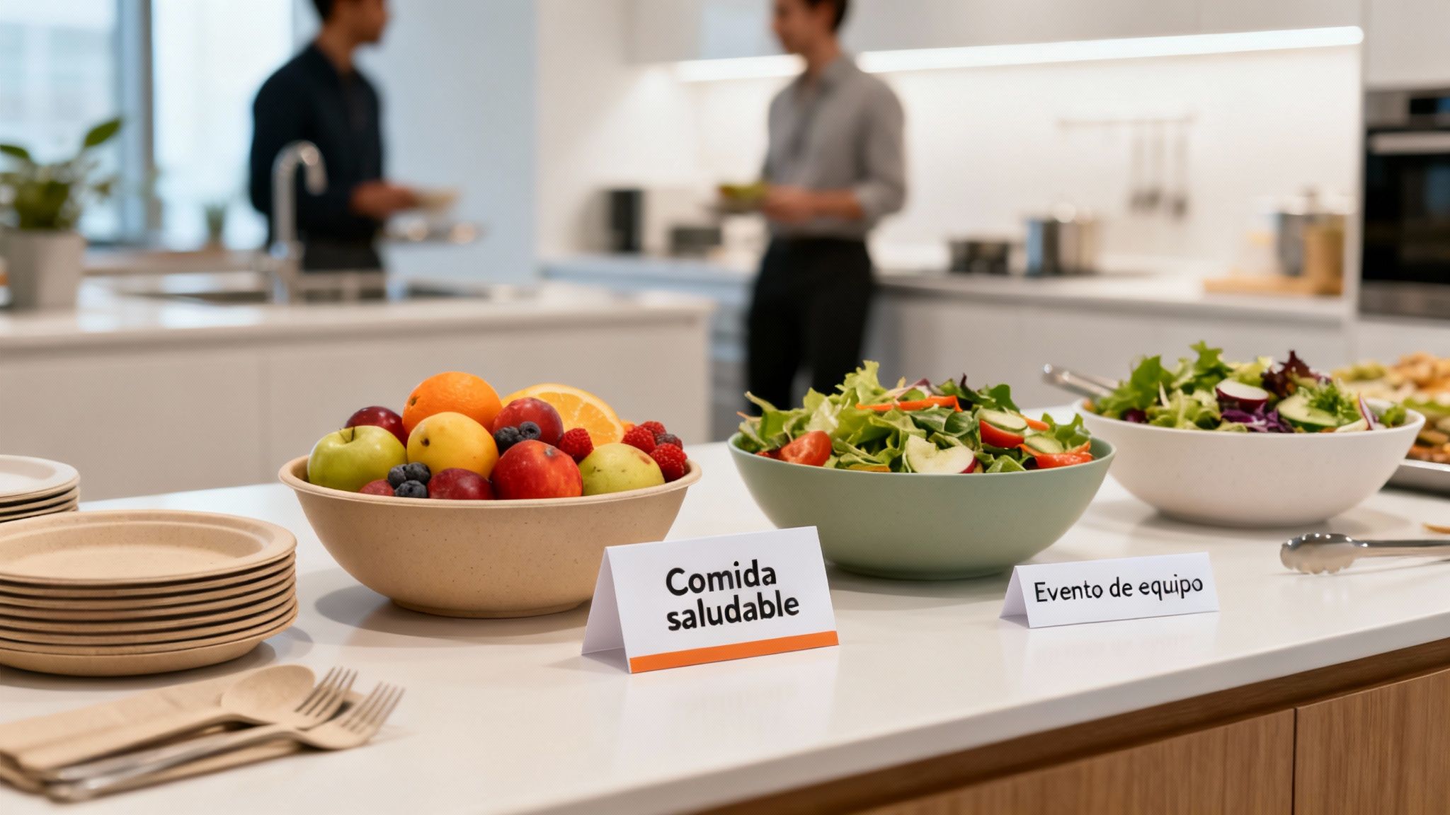 Mesa con frutas, ensaladas y platos en un evento de equipo de oficina, promoviendo la comida saludable.
