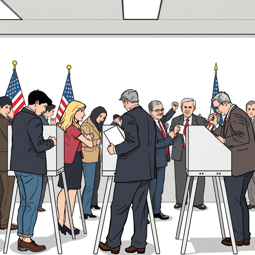 Illustration of voters at polling booths while officials in suits confer nearby