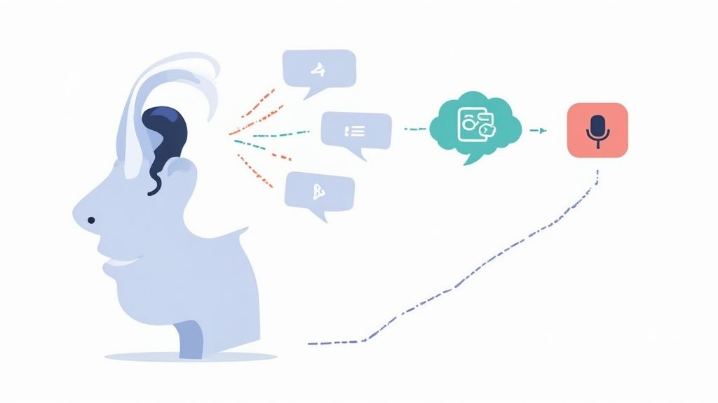 Conceptual diagram of auditory input, cognitive processing, and verbal communication output.