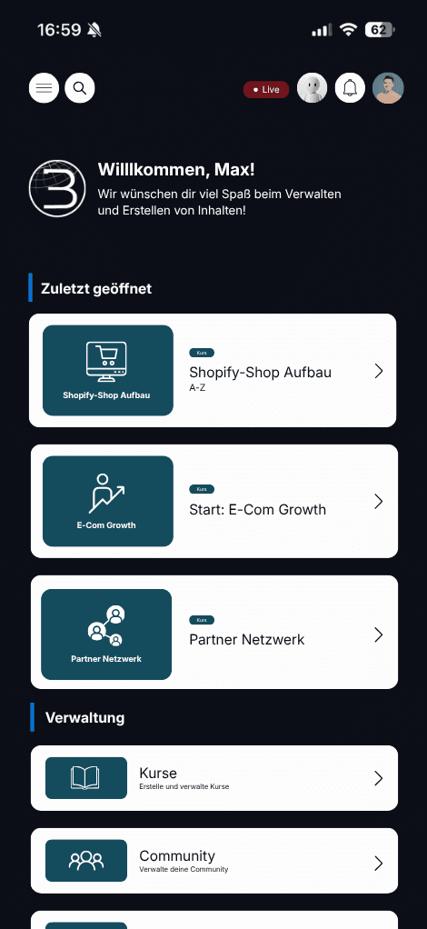 Eigene KI-Commerce App mit Kursen, Community, Partnernetzwerk und digitalen Tools für Onlinehändler.