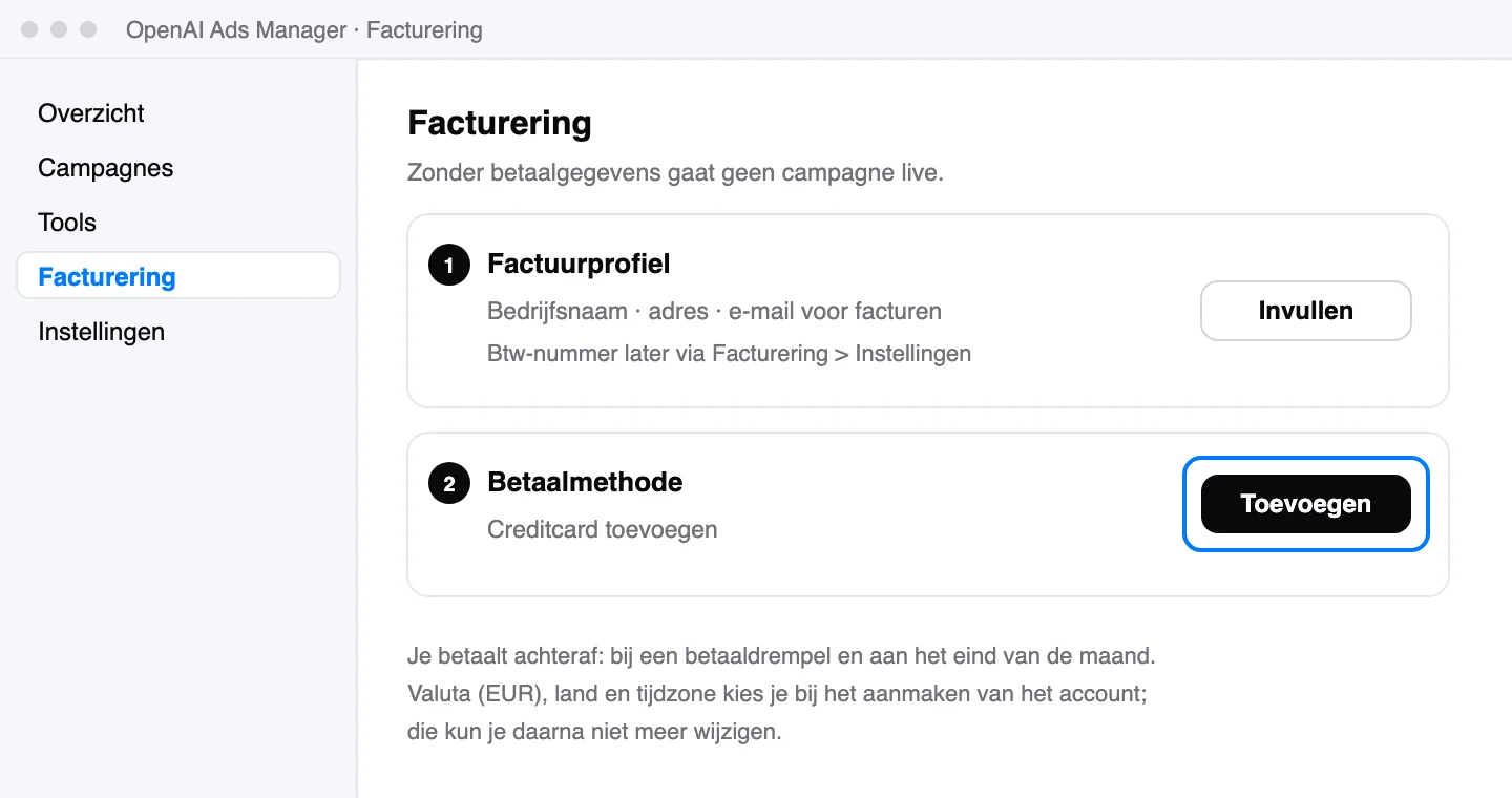 Schematische weergave: Eerst het factuurprofiel, dan de betaalmethode.