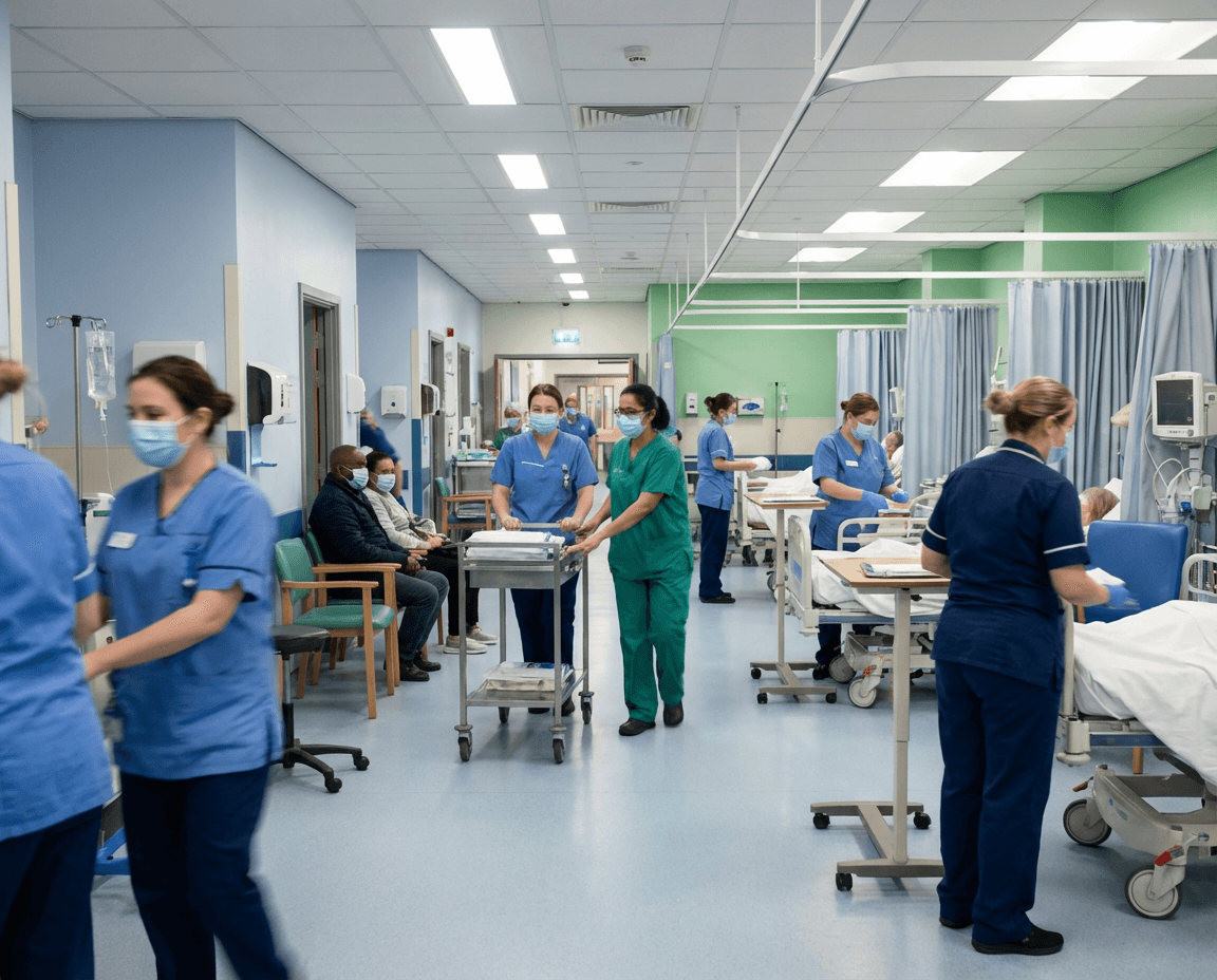 NHS hospital interior with masked individuals during flu surge.