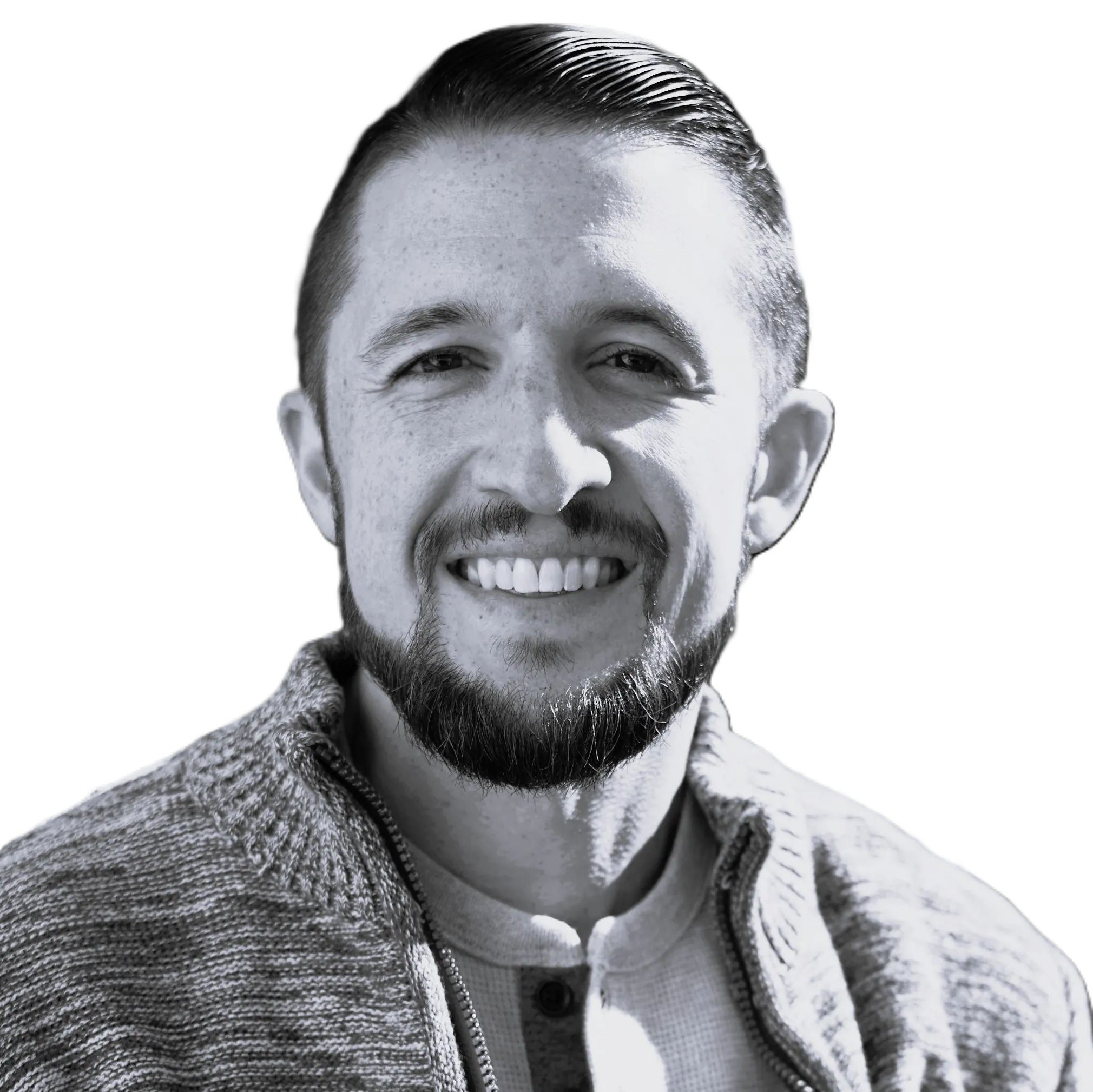Black and white profile picture of Evan Vahouny who is an Associate Partner at KanataQ