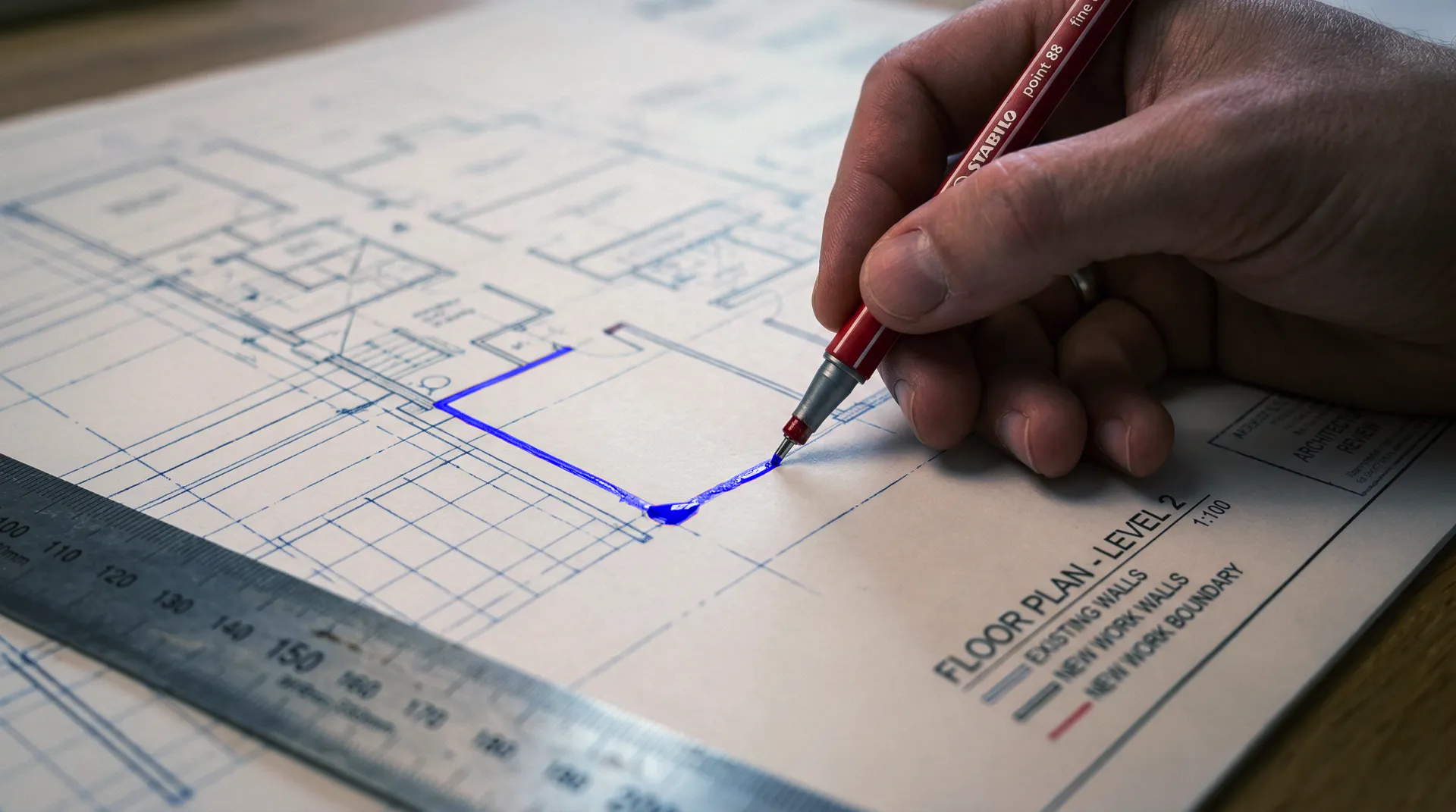 Hand drawing blue line on architectural floor plan.