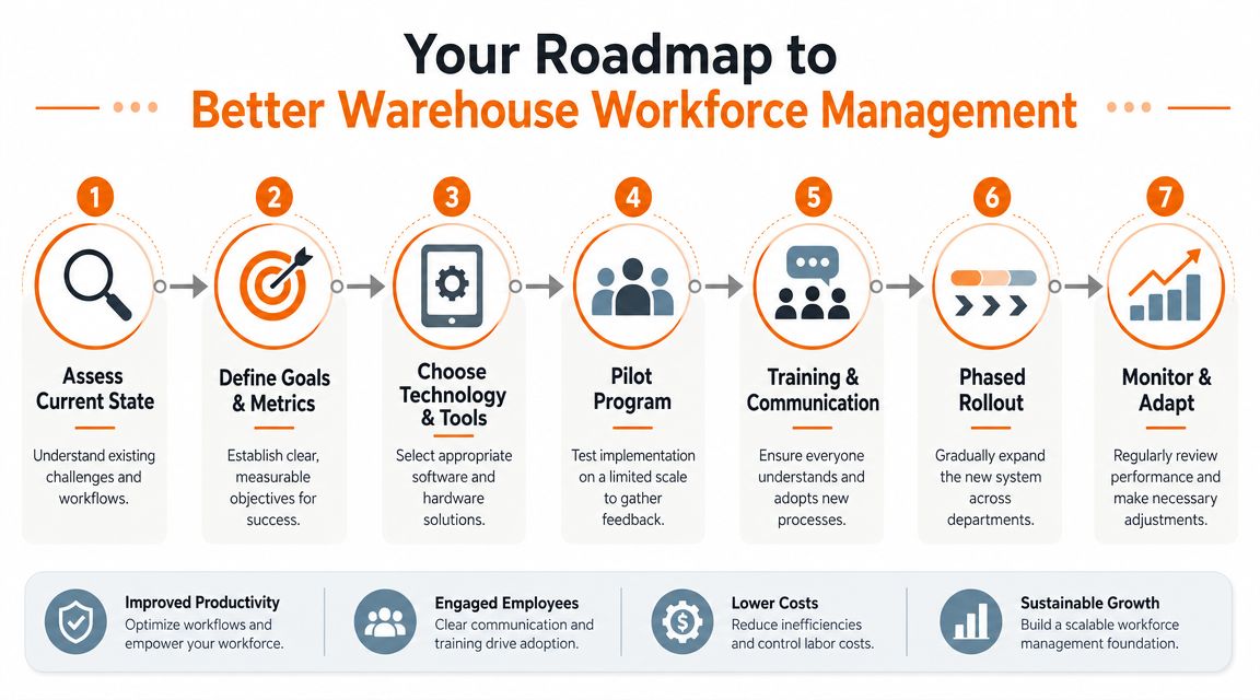 A 7-step roadmap infographic for optimizing warehouse workforce management processes through systematic planning and implementation.