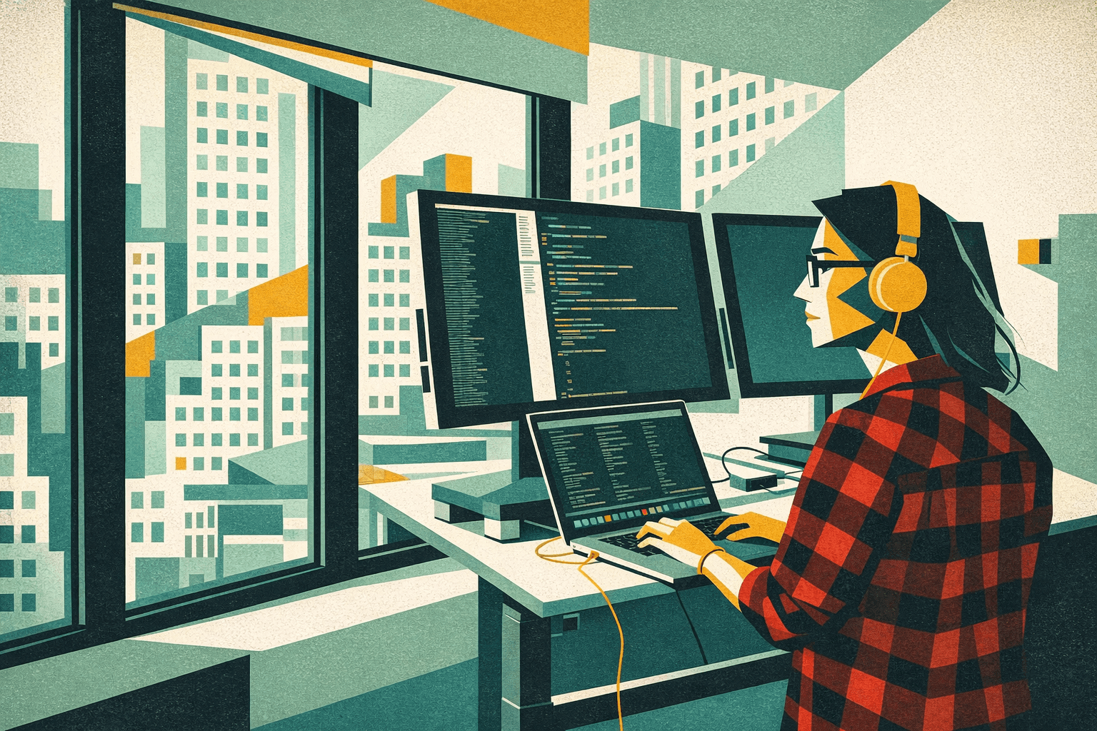 Professionista junior lavora al computer con più schermi in ufficio, attività digitali e sviluppo di competenze nei primi anni di carriera.