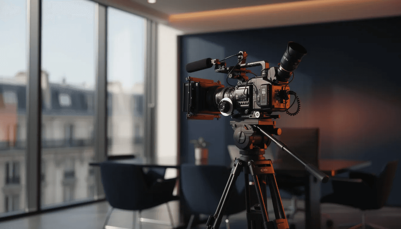 Une caméra de cinéma professionnelle est installée sur un trépied dans un bureau élégant à Paris, baigné de lumière naturelle grâce à de grandes fenêtres. Cet espace, aux teintes de bleu profond et d'orange vibrant, évoque une atmosphère de créativité et de professionnalisme propice à la production de vidéos de qualité.