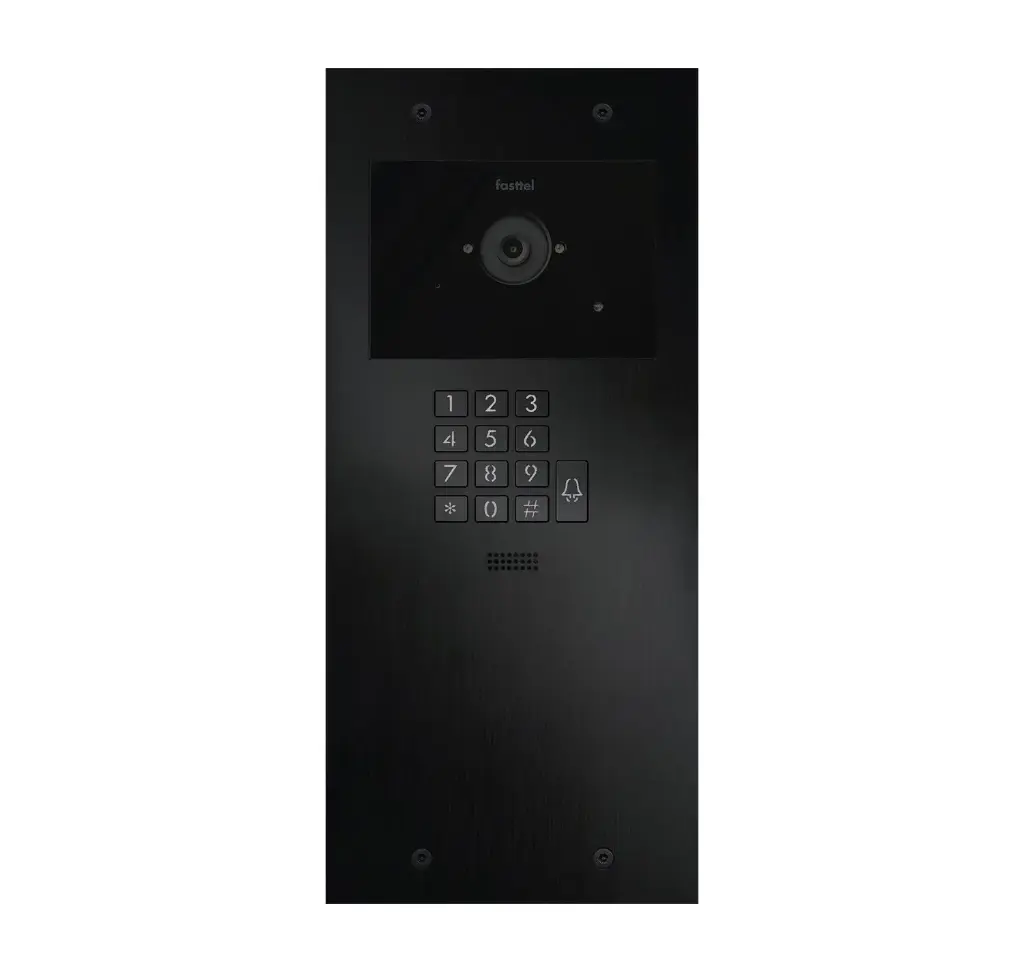 Black smart home device with screen showing time and temp