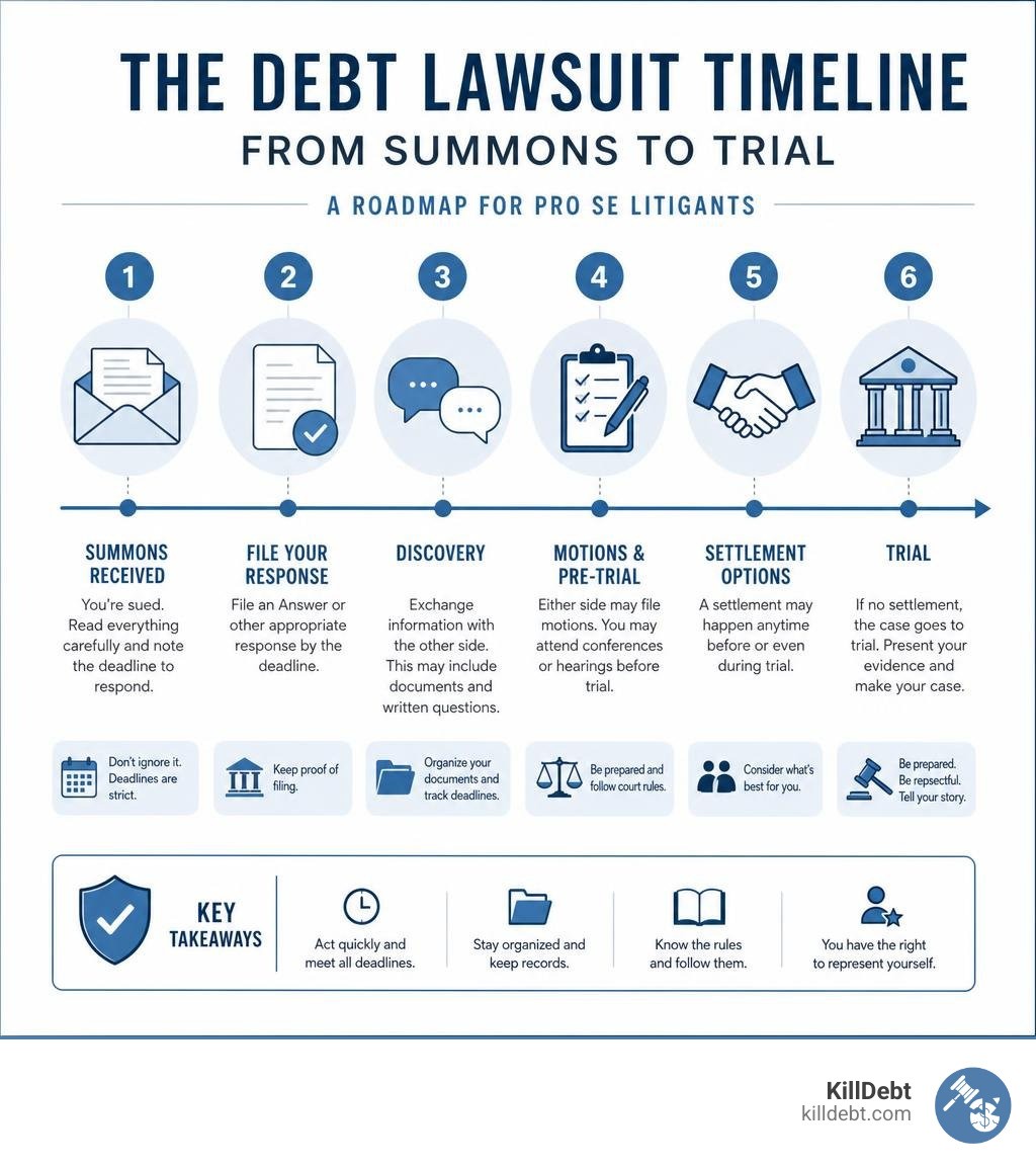 Timeline infographic showing key stages of a debt lawsuit from summons to trial for pro se litigants infographic