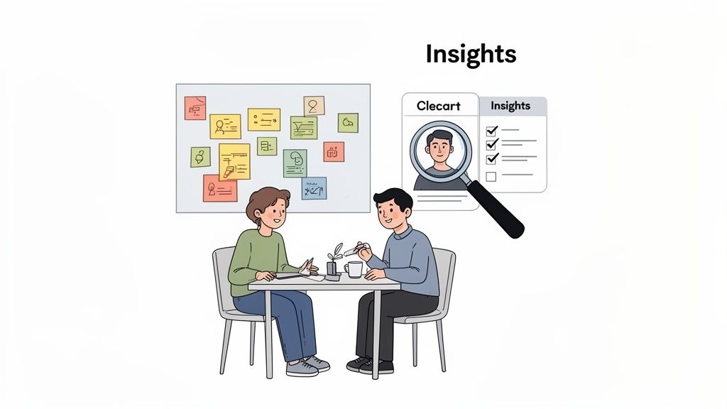 Two people discussing user insights and design concepts with sticky notes and a persona card.