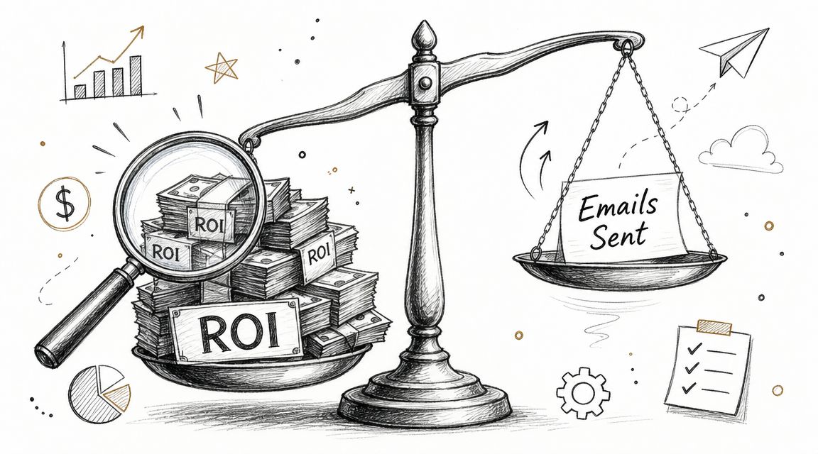 A sketched illustration of a balance scale showing ROI on one side and emails sent on the other.