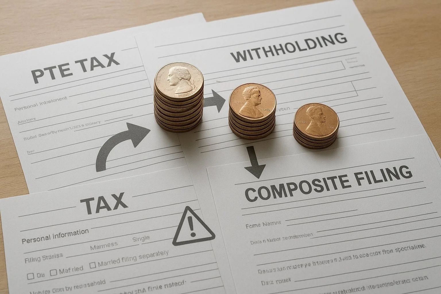 Overhead view of a desk with multiple tax forms and stacked coins representing PTE, withholding, and composite filing, with arrows and warning symbols indicating overlapping payments.