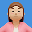 Ilustração em formato avatar 3D de uma mulher jovem sorrindo, com cabelos castanhos lisos, vestindo uma blusa rosa sobre camiseta branca, centralizada contra um fundo azul sólido.