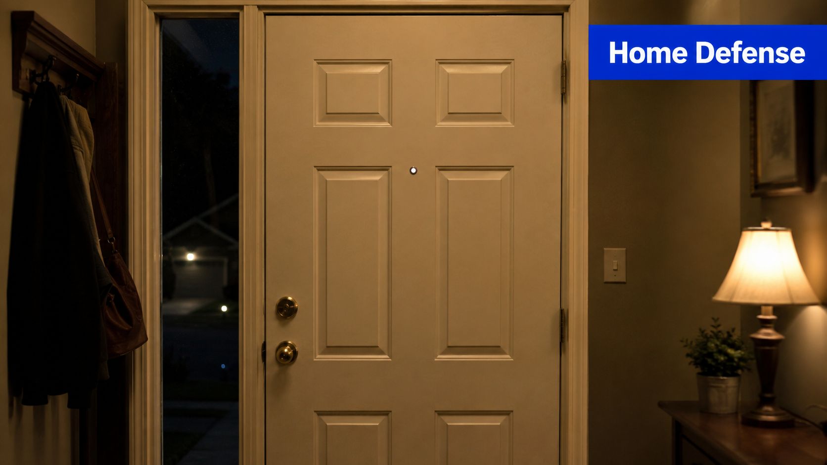 An interior entryway looking at a locked front door at night with a lamp glowing nearby.