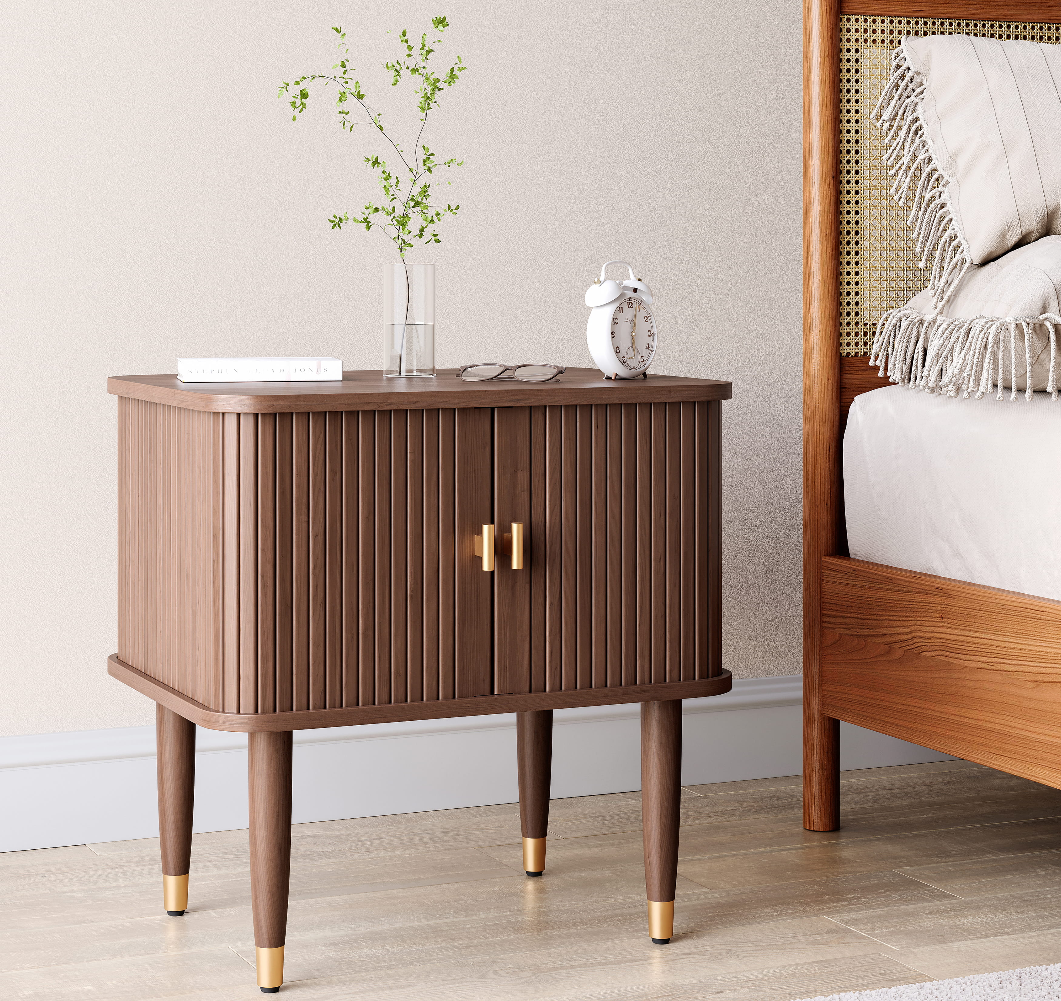 Modern bedside cabinet with wood finish and closed storage design