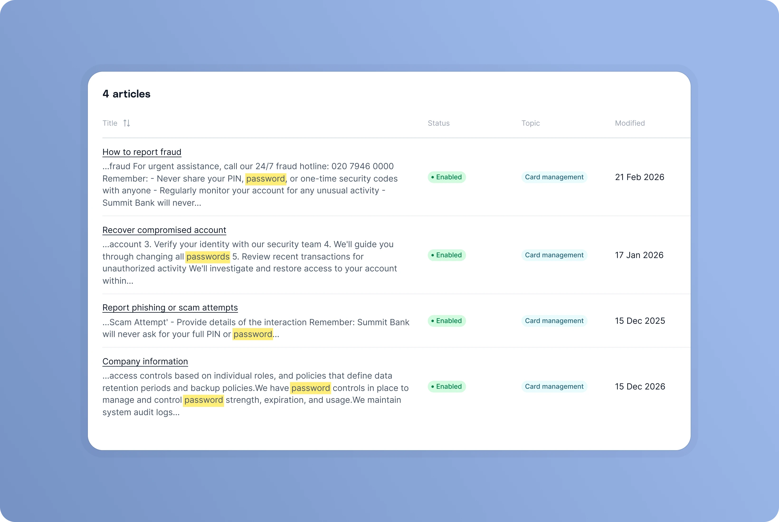 A list of knowledge base articles in Gradient Labs.
