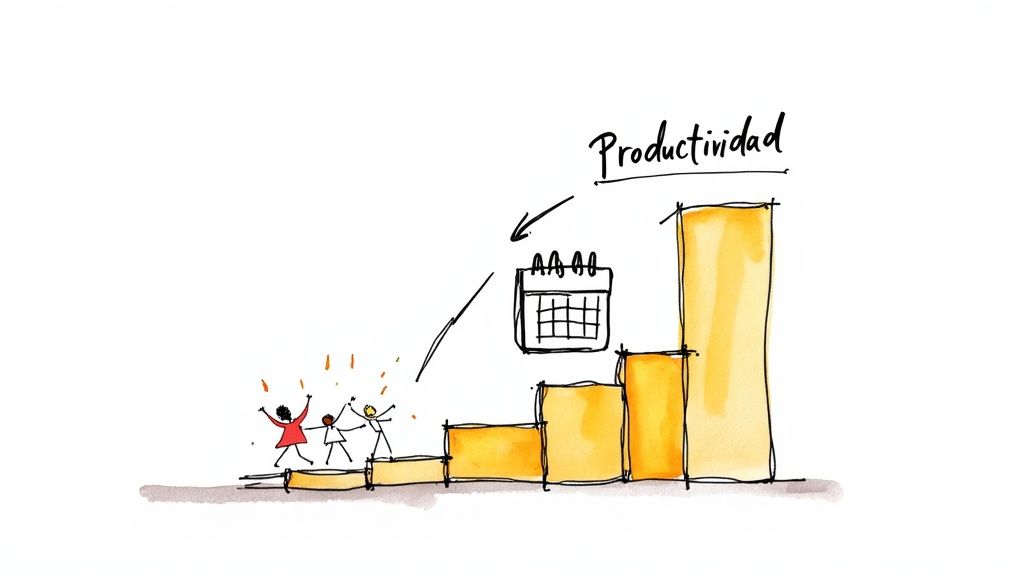 Un grupo de colaboradores sonríe y conversa en un área común de una oficina, reflejando un ambiente de trabajo positivo y colaborativo.