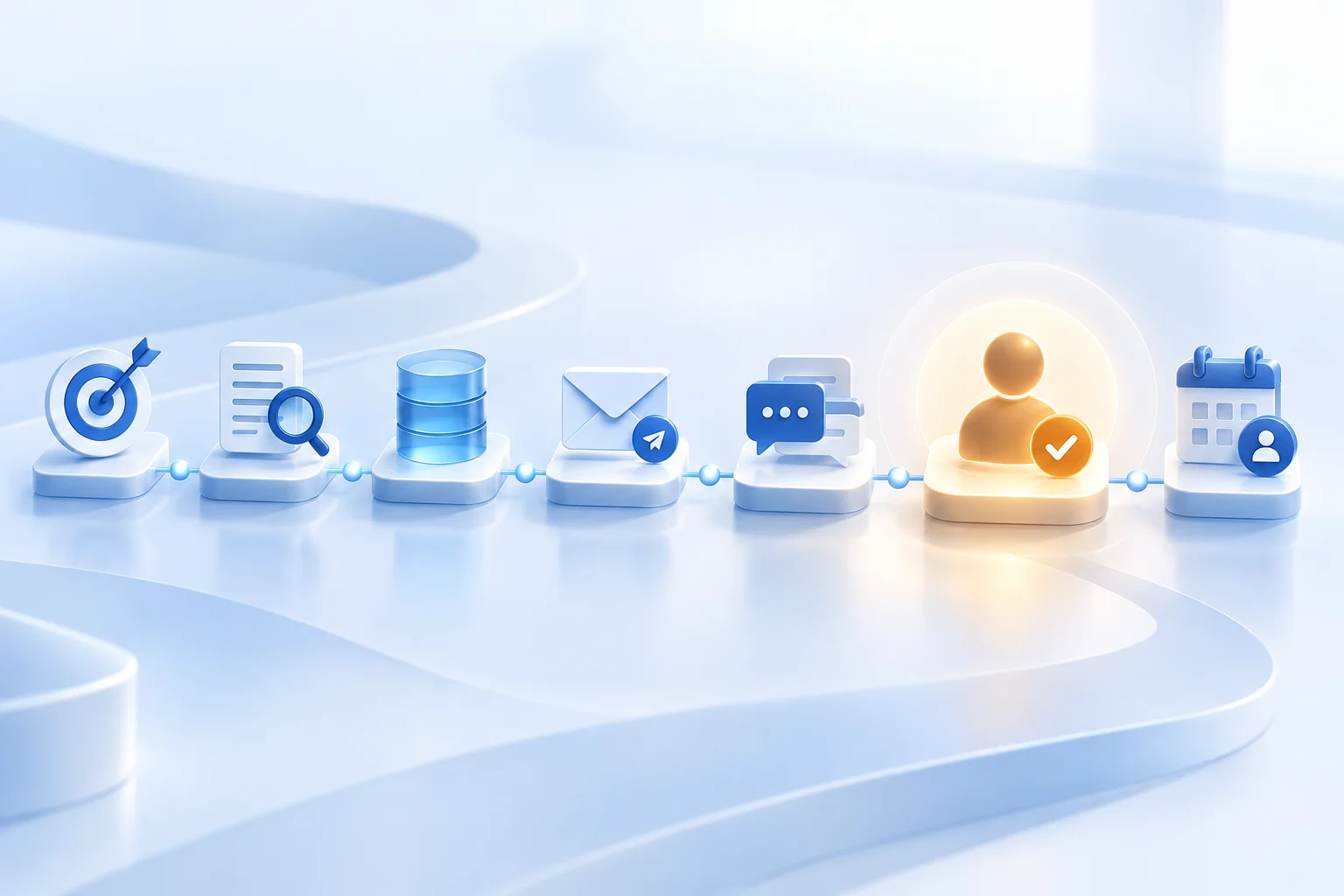 Seven-stage outbound sales workflow connecting targeting, research, contact data, email, replies, human approval and a meeting.