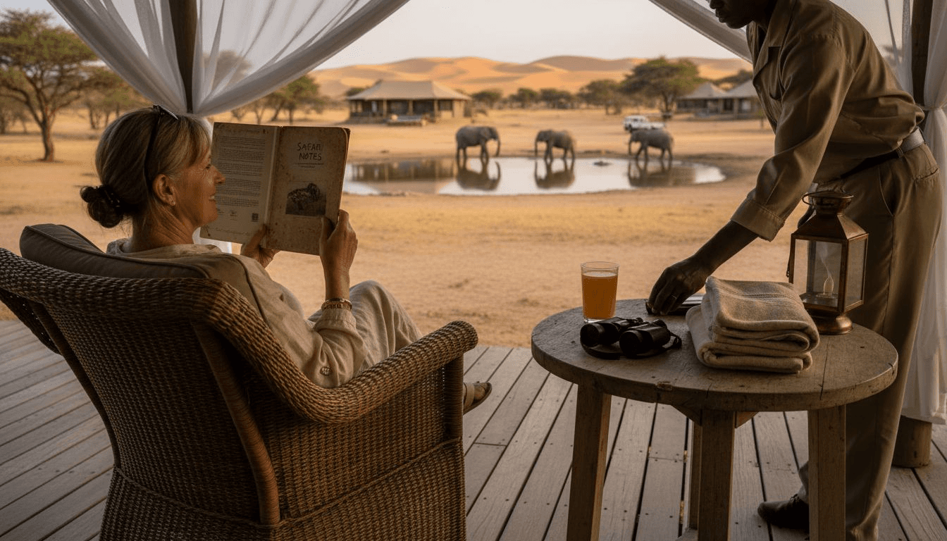 Guest relaxing in lodge with wildlife view