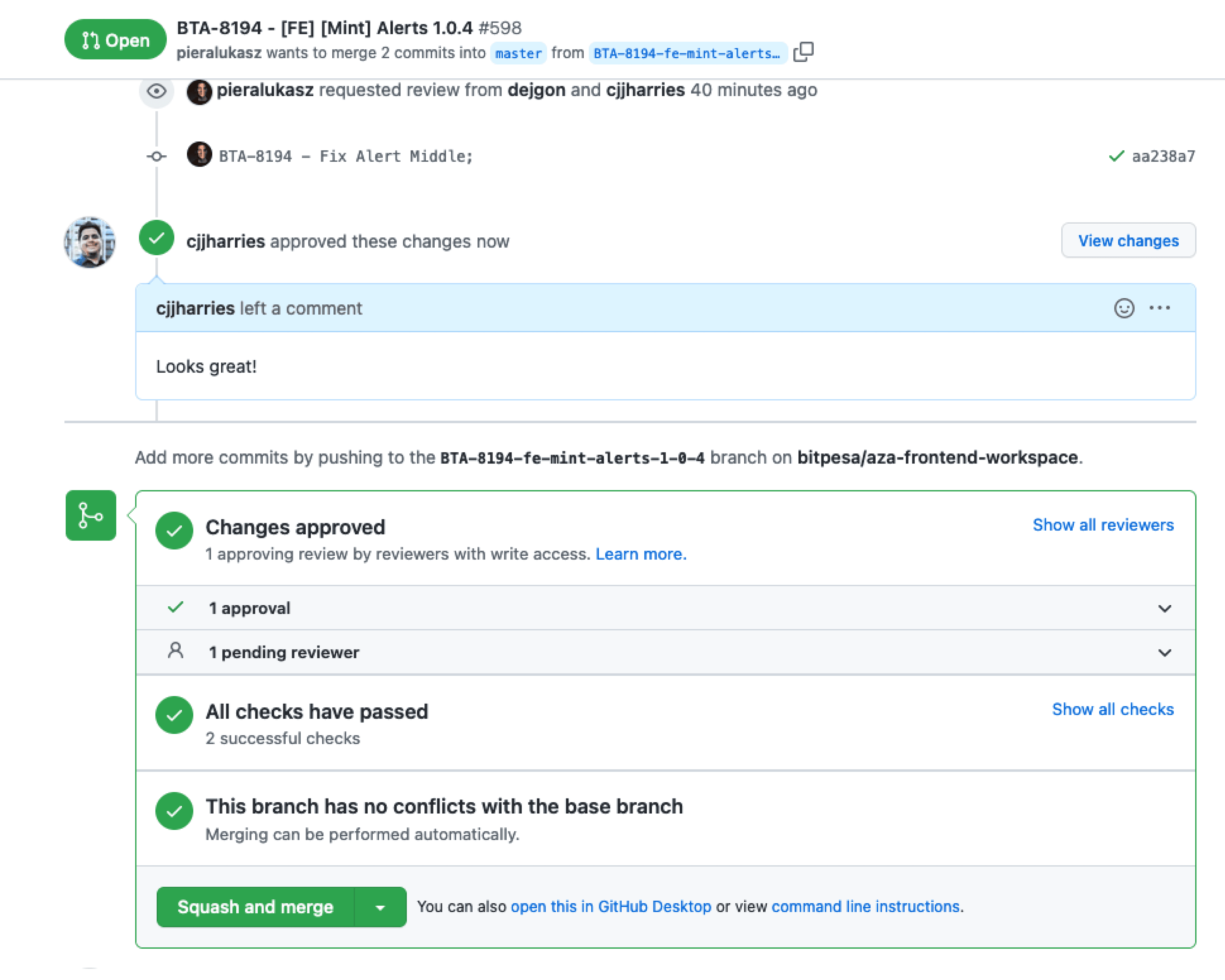 Screenshot of me approving a pull request of an alert component being created.