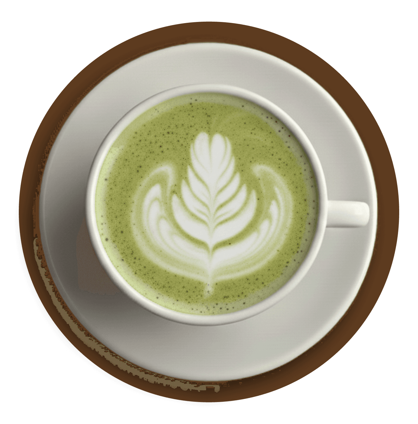 Matcha latte with latte art on a saucer.