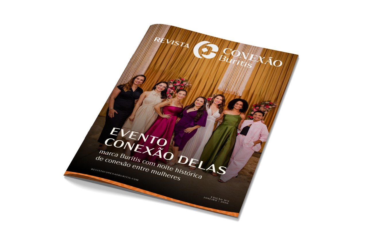 Foto aproximada da capa da Revista Conexão Buritis. A capa mostra um grupo de mulheres elegantes reunidas no Evento Conexão Delas.