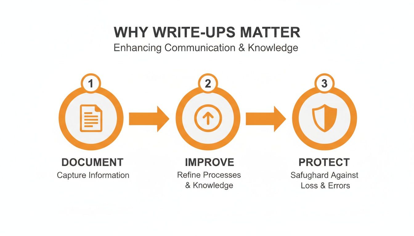 An infographic showing a 3-step process for why write-ups matter: Document, Improve, and Protect information.
