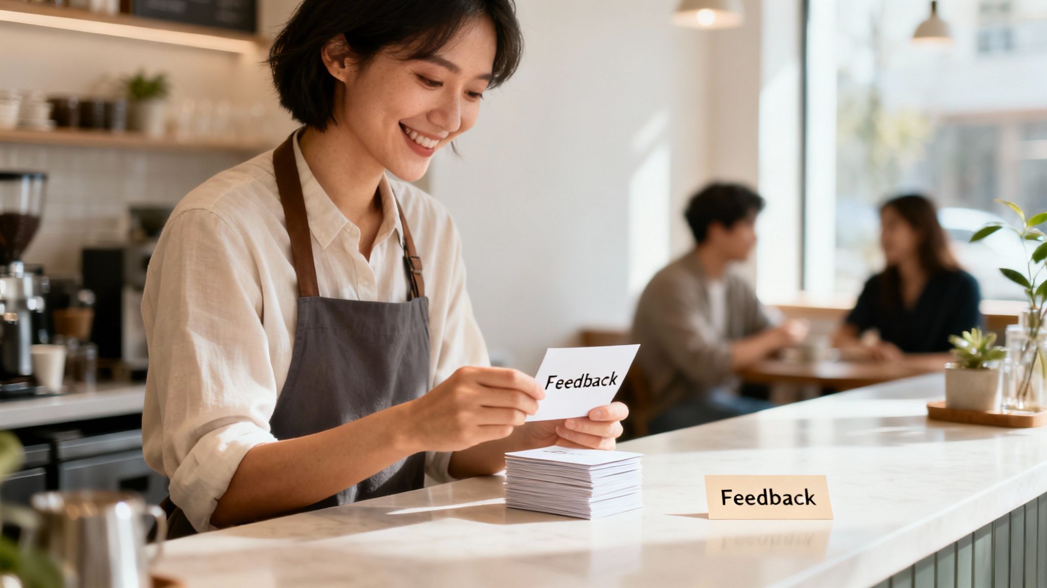 A smiling female barista in a modern cafe looks at 'Feedback' cards on the counter.