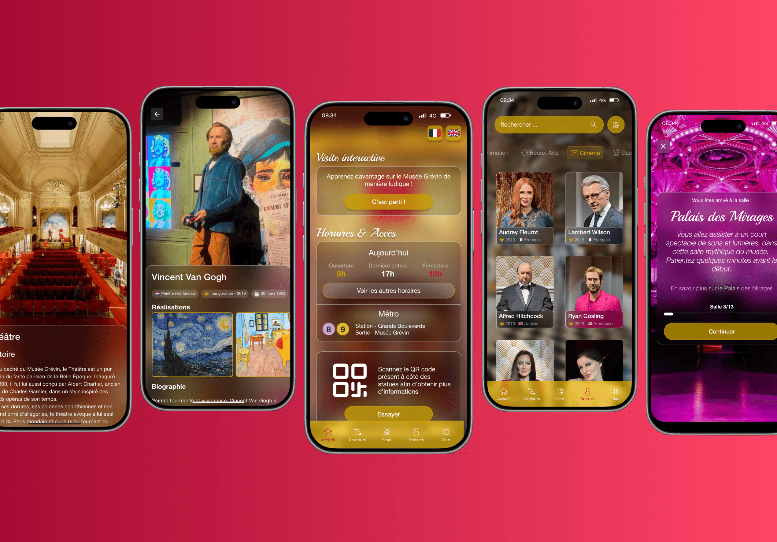 Maquette de l'application mobile officielle du Musée Grévin à Paris, développée par La Belle App